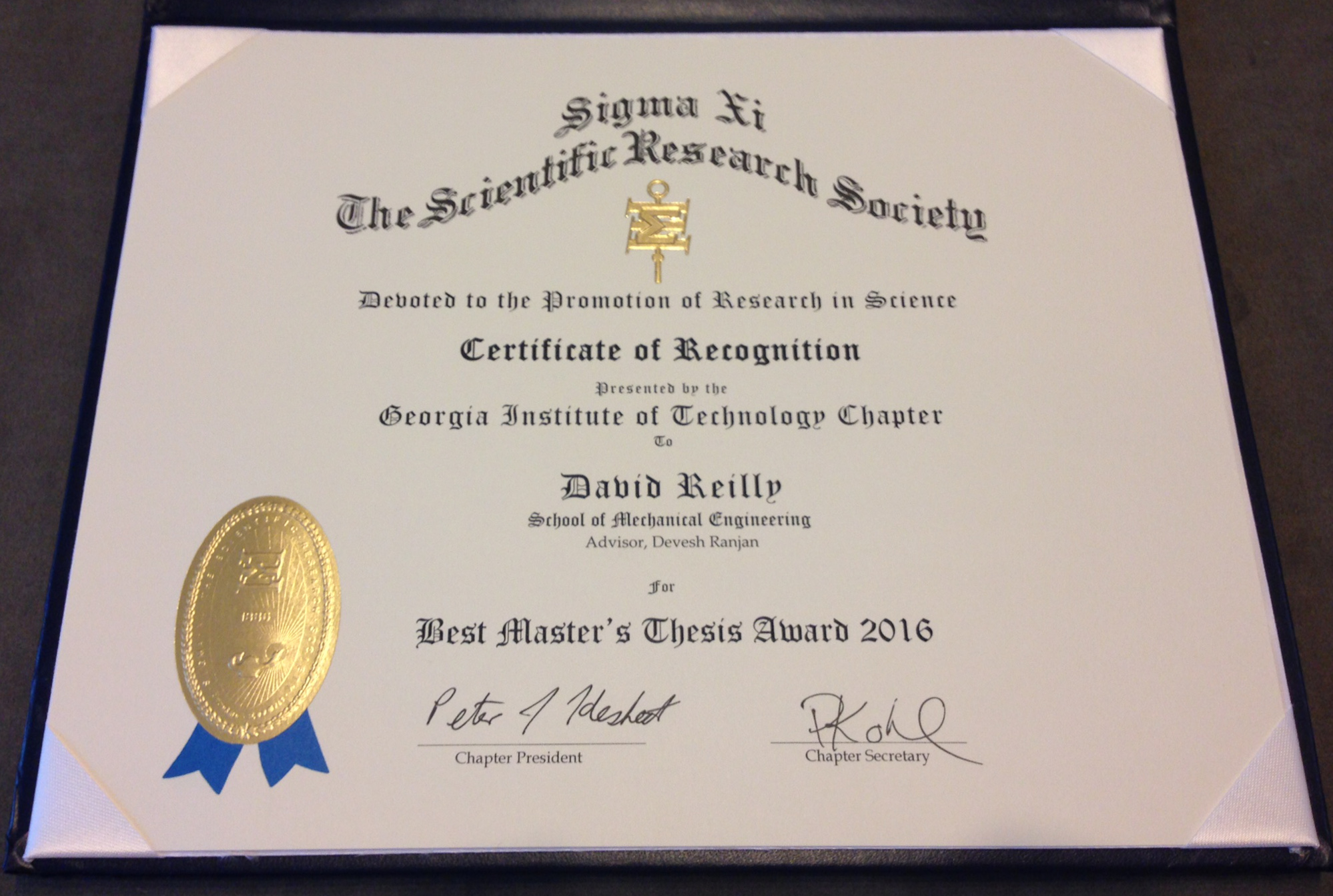 David Reilly Sigma Xi Best MS Thesis Award